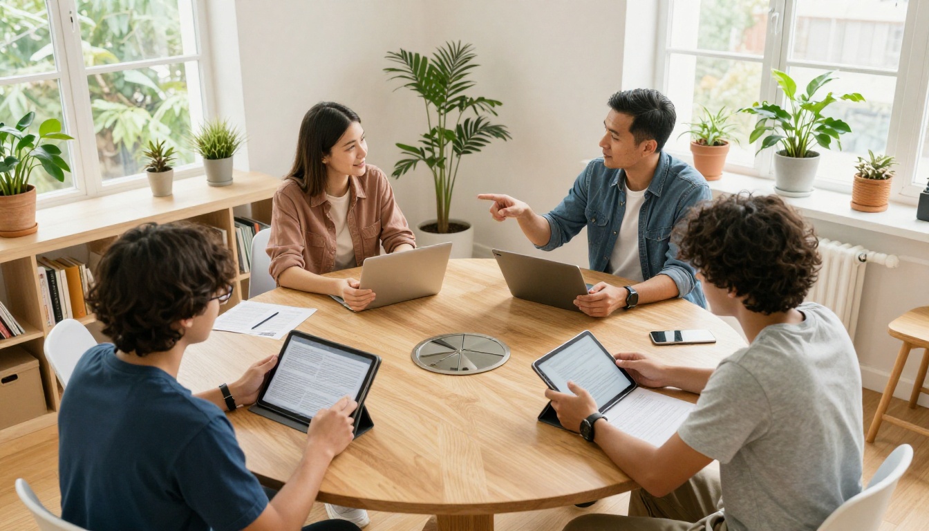 Four students and a tutor sharing tablets around a round table in a bright study room Four students and a tutor sharing tablets around a round table in a bright study room