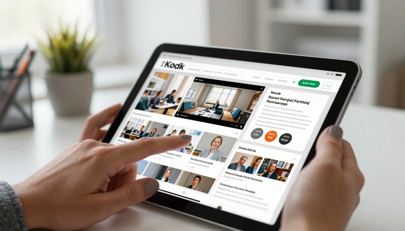 Marketer tapping a tablet showing a flipbook page with an embedded video