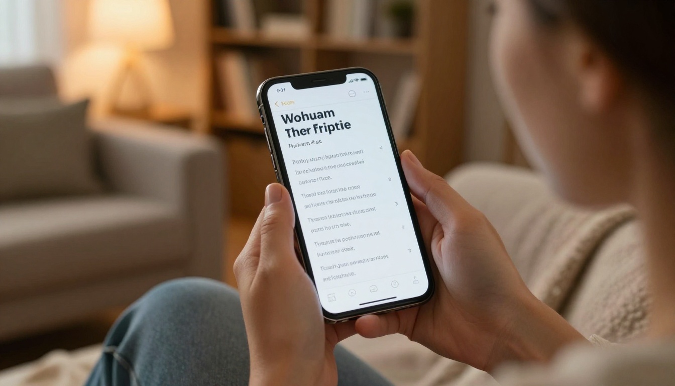 A woman holding a smartphone showing a mobile flipbook with large readable text A woman holding a smartphone showing a mobile flipbook with large readable text