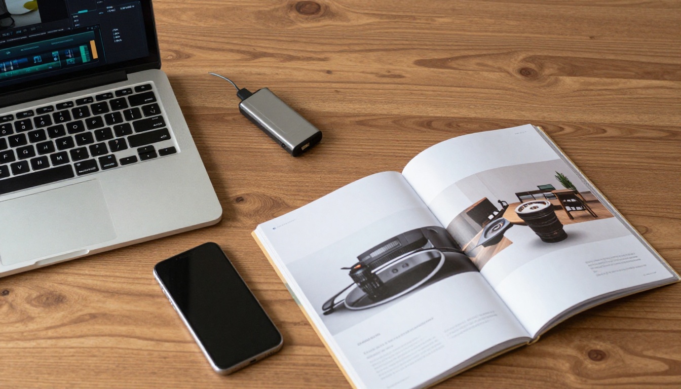Overhead view of a laptop, phone, USB drive and printed catalog on a wooden table