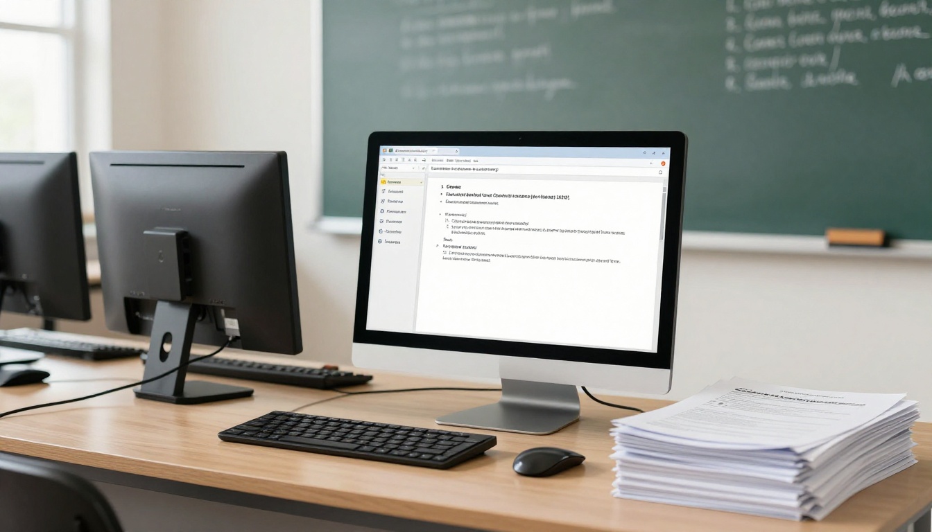 A teacher preparing course material on a monitor with a clean cream page layout A teacher preparing course material on a monitor with a clean cream page layout
