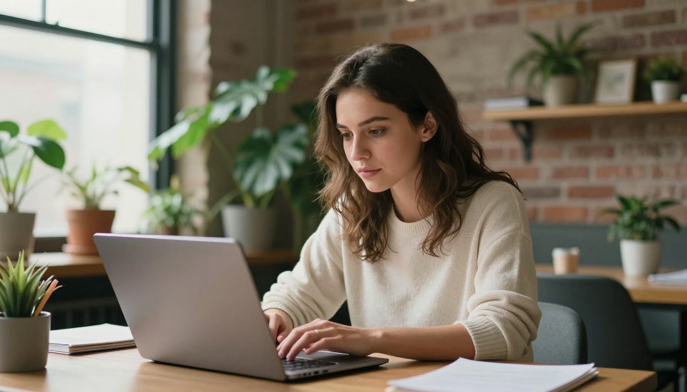 Woman presenting a laptop in a bright co-working space