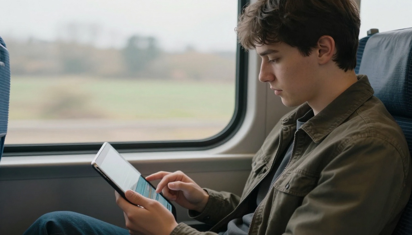 A young man reading a flipbook on a tablet on a train with the countryside behind him A young man reading a flipbook on a tablet on a train with the countryside behind him
