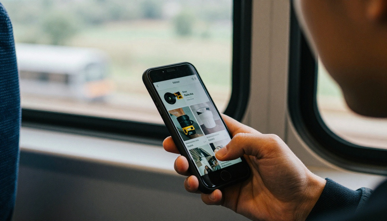 Person scrolling a digital brochure on a smartphone aboard a train