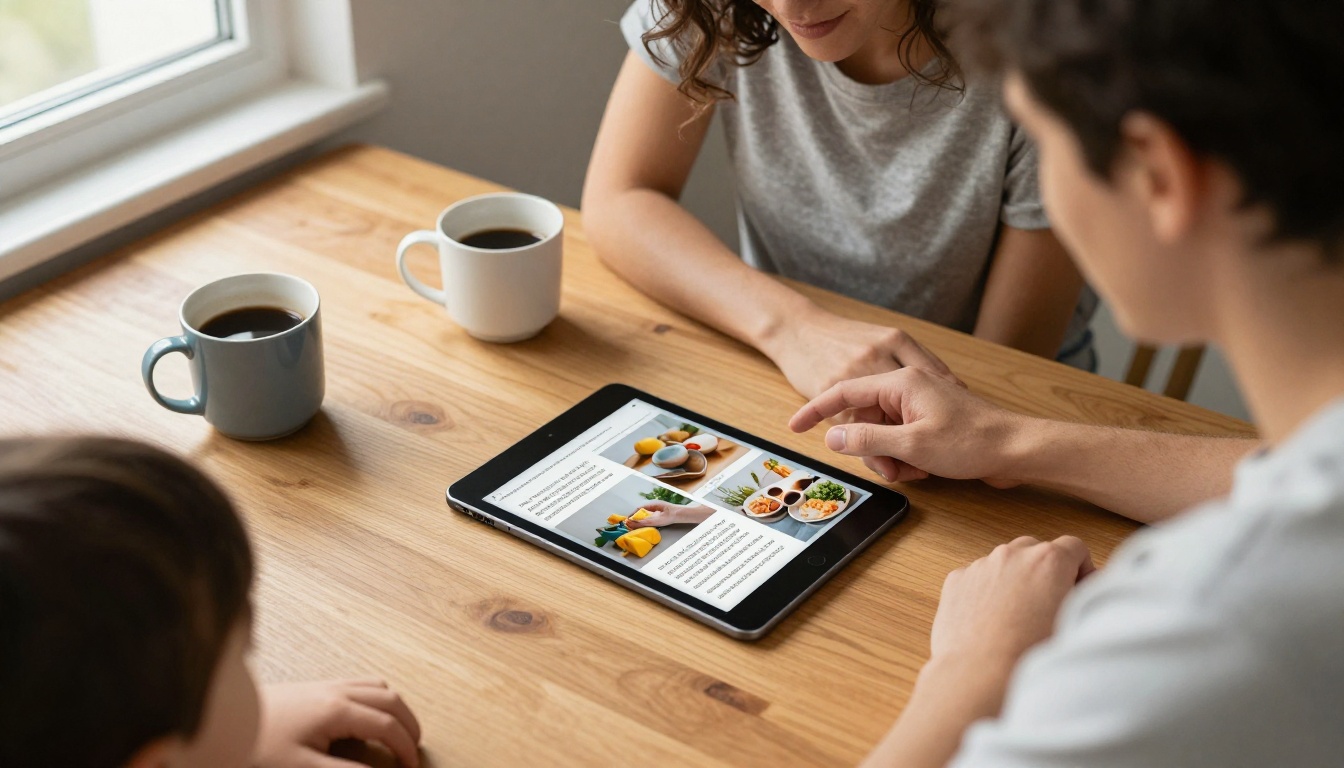 A parent and child looking at a tablet with a picture rich flipbook page at a kitchen table A parent and child looking at a tablet with a picture rich flipbook page at a kitchen table