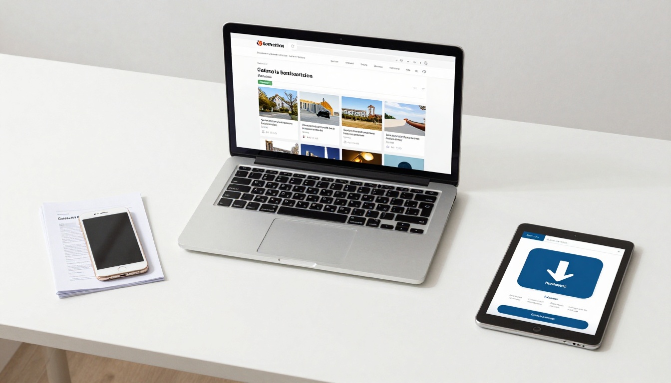 Overhead view of a desk with laptop, tablet and printed pages Overhead view of a desk with laptop, tablet and printed pages