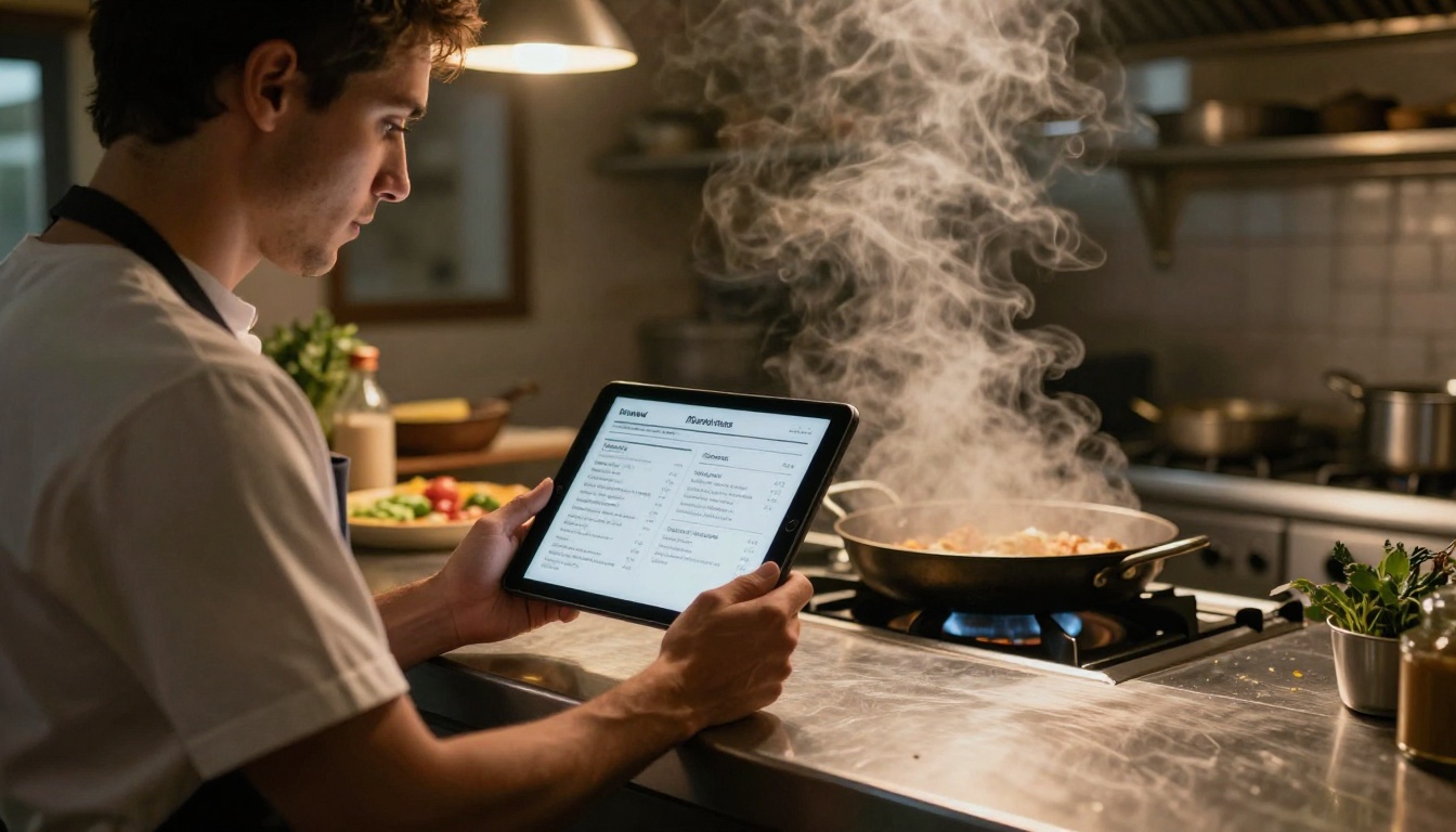 Chef holding a tablet with a digital menu in a restaurant kitchen Chef holding a tablet with a digital menu in a restaurant kitchen