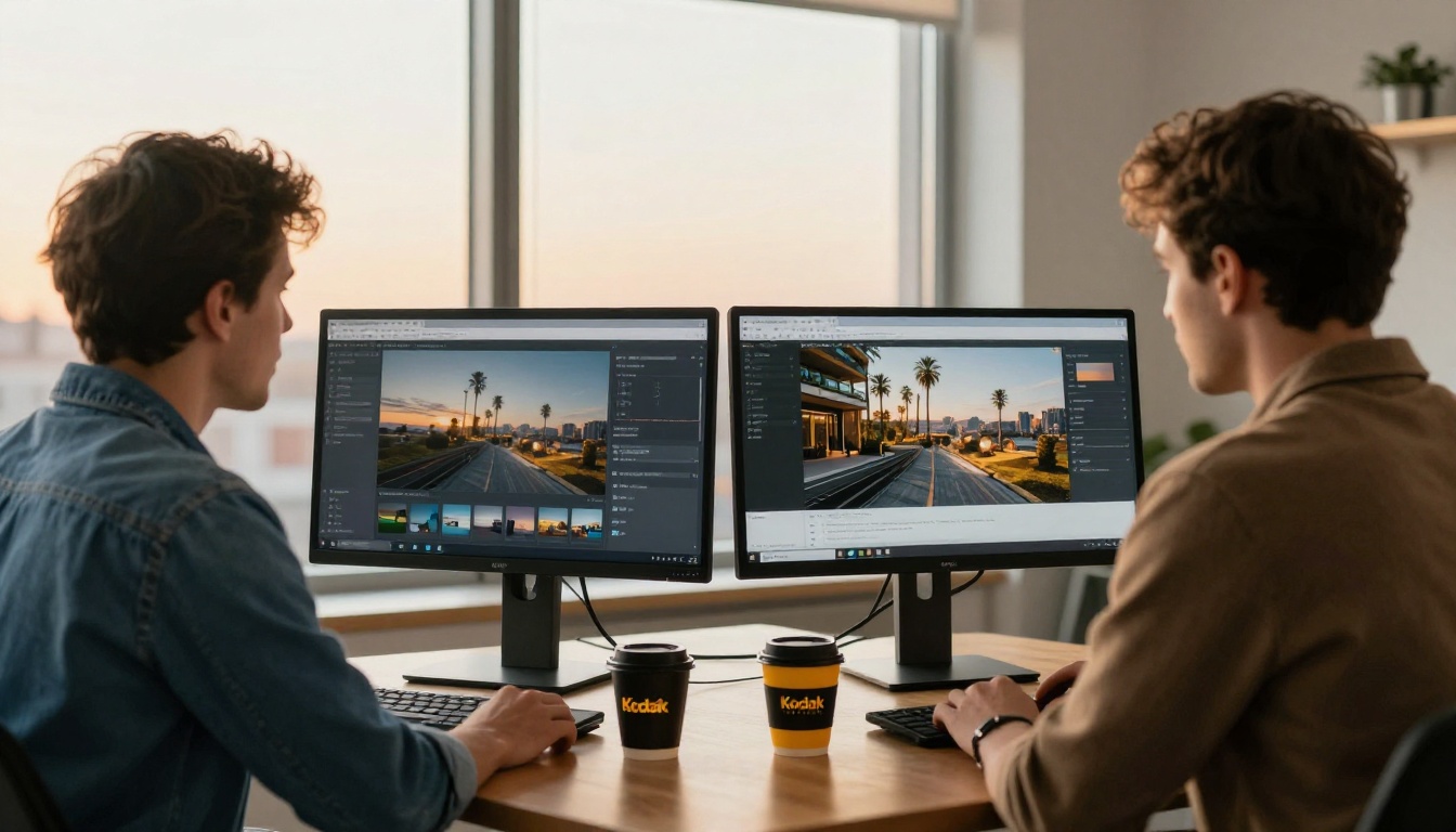 Two colleagues comparing two laptop screens at a standing desk
