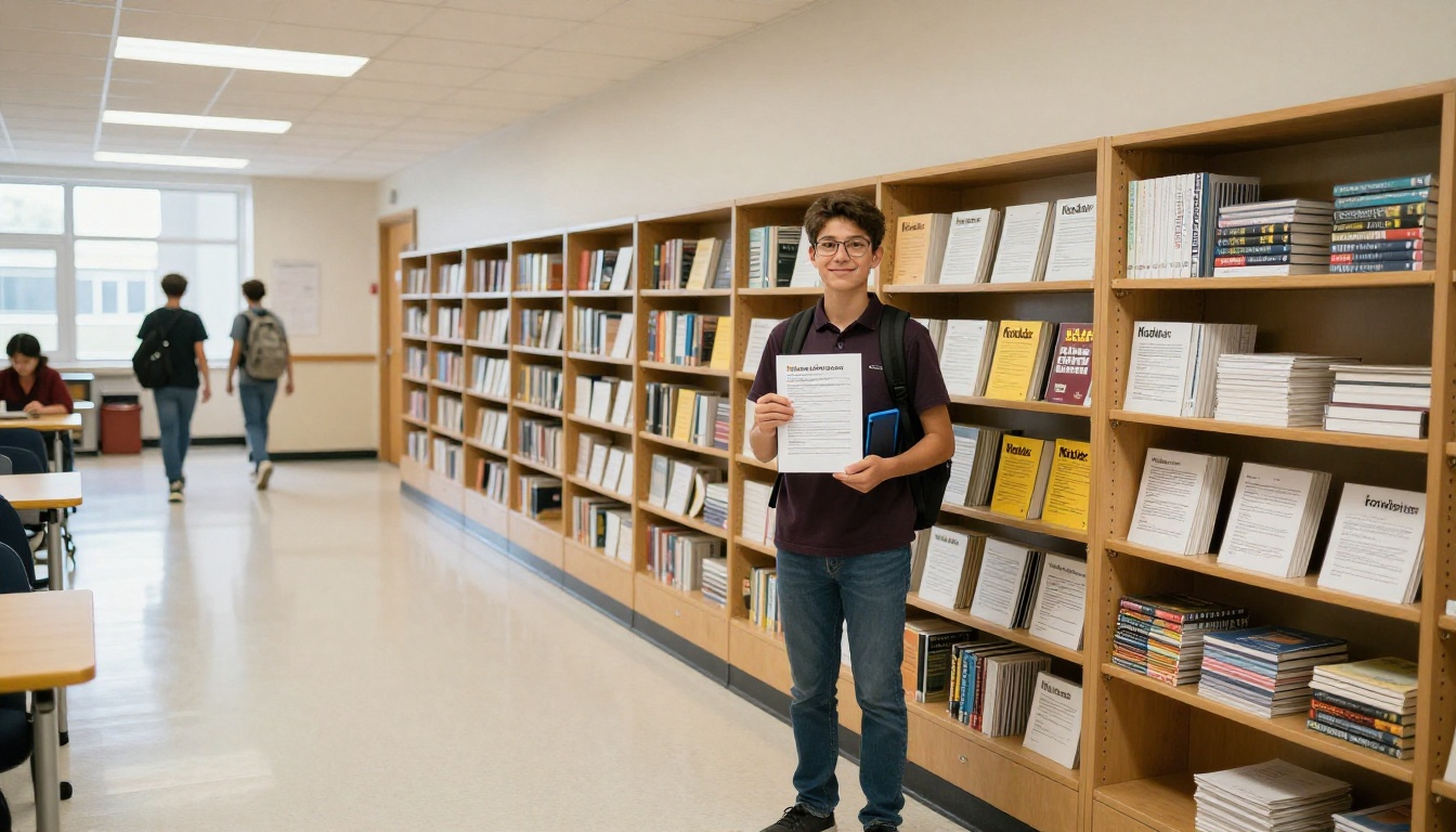A student holding a worksheet and tablet proudly in a bright school hallway A student holding a worksheet and tablet proudly in a bright school hallway
