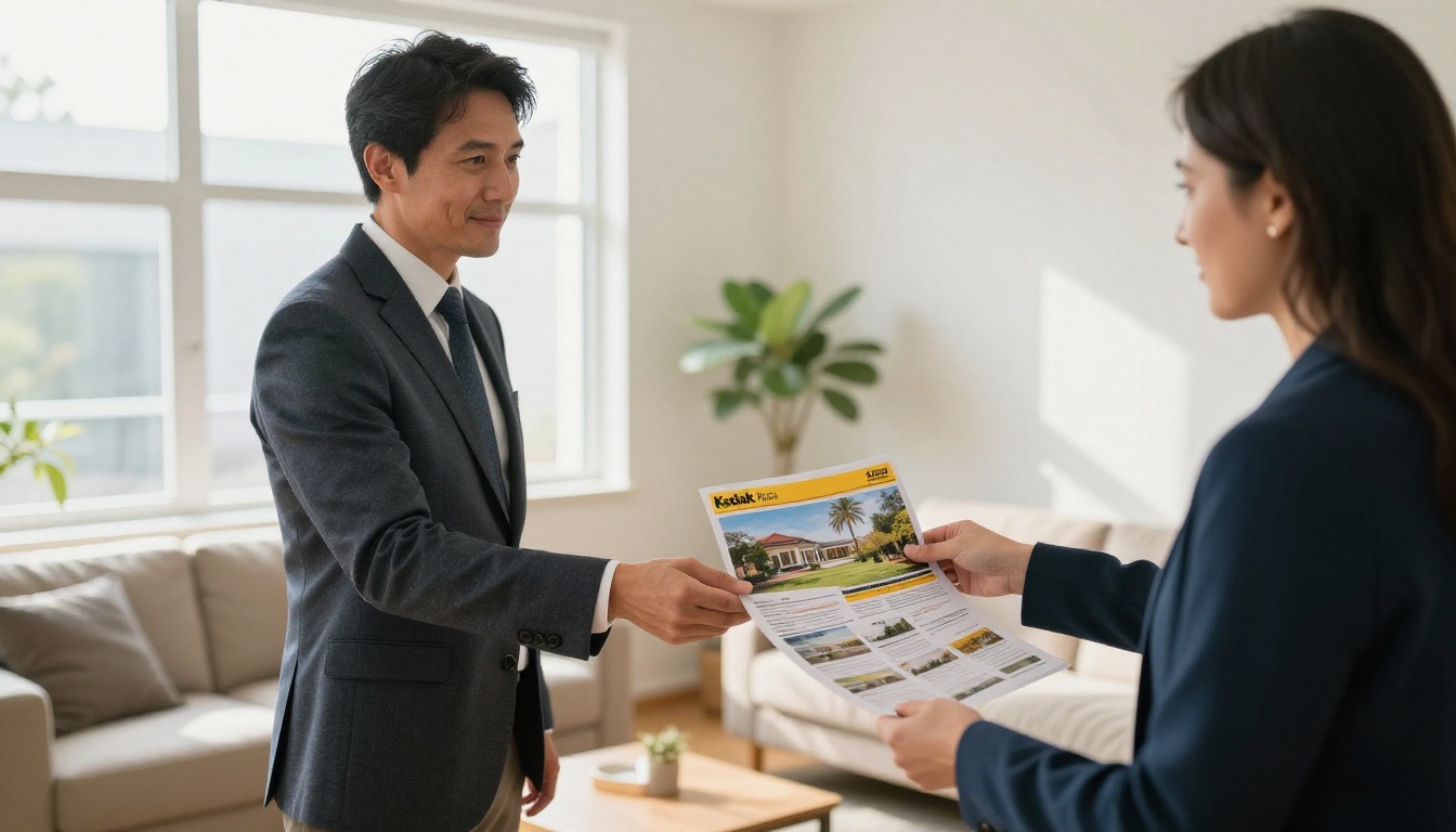 Real estate agent handing a printed brochure to a couple Real estate agent handing a printed brochure to a couple