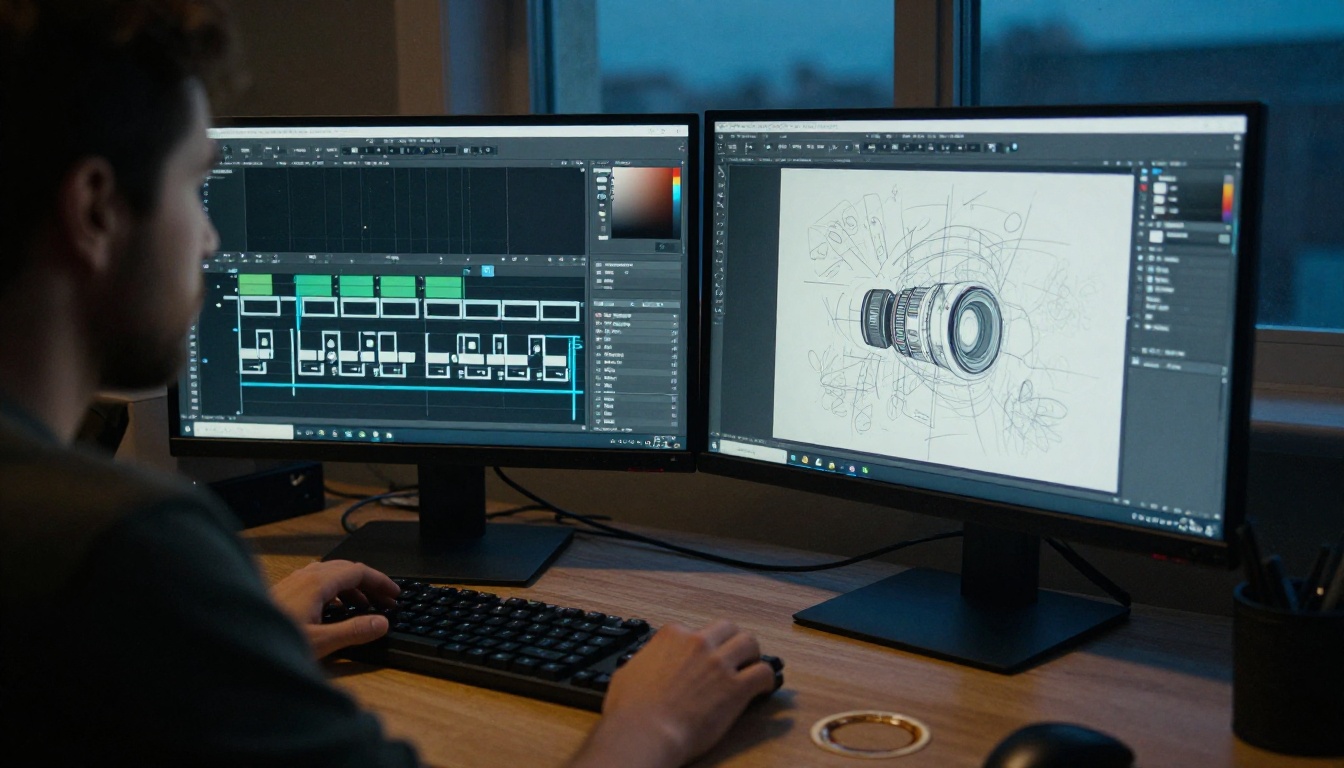Graphic designer editing animation frames on a dual monitor setup Graphic designer editing animation frames on a dual monitor setup