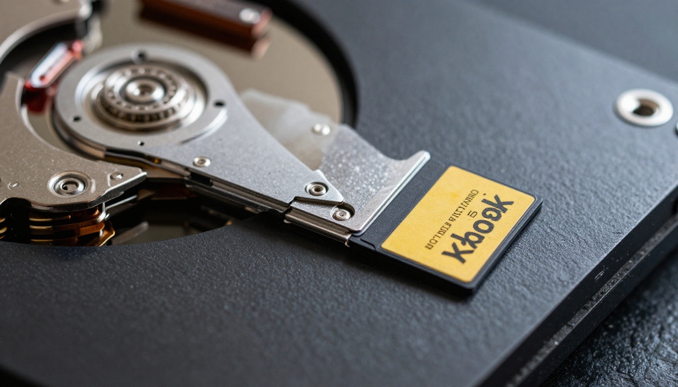 Mechanical hard drive and SD card on a dark slate surface
