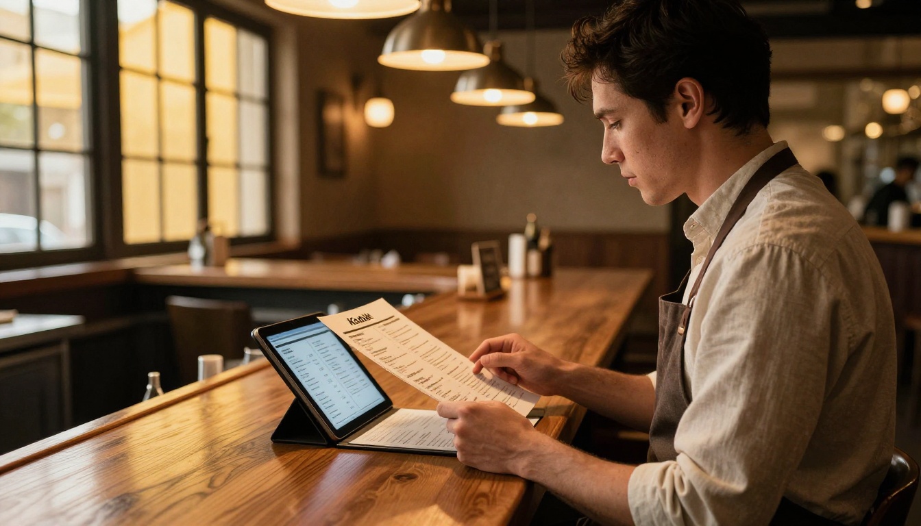 Restaurant owner comparing a tablet menu with a printed menu Restaurant owner comparing a tablet menu with a printed menu