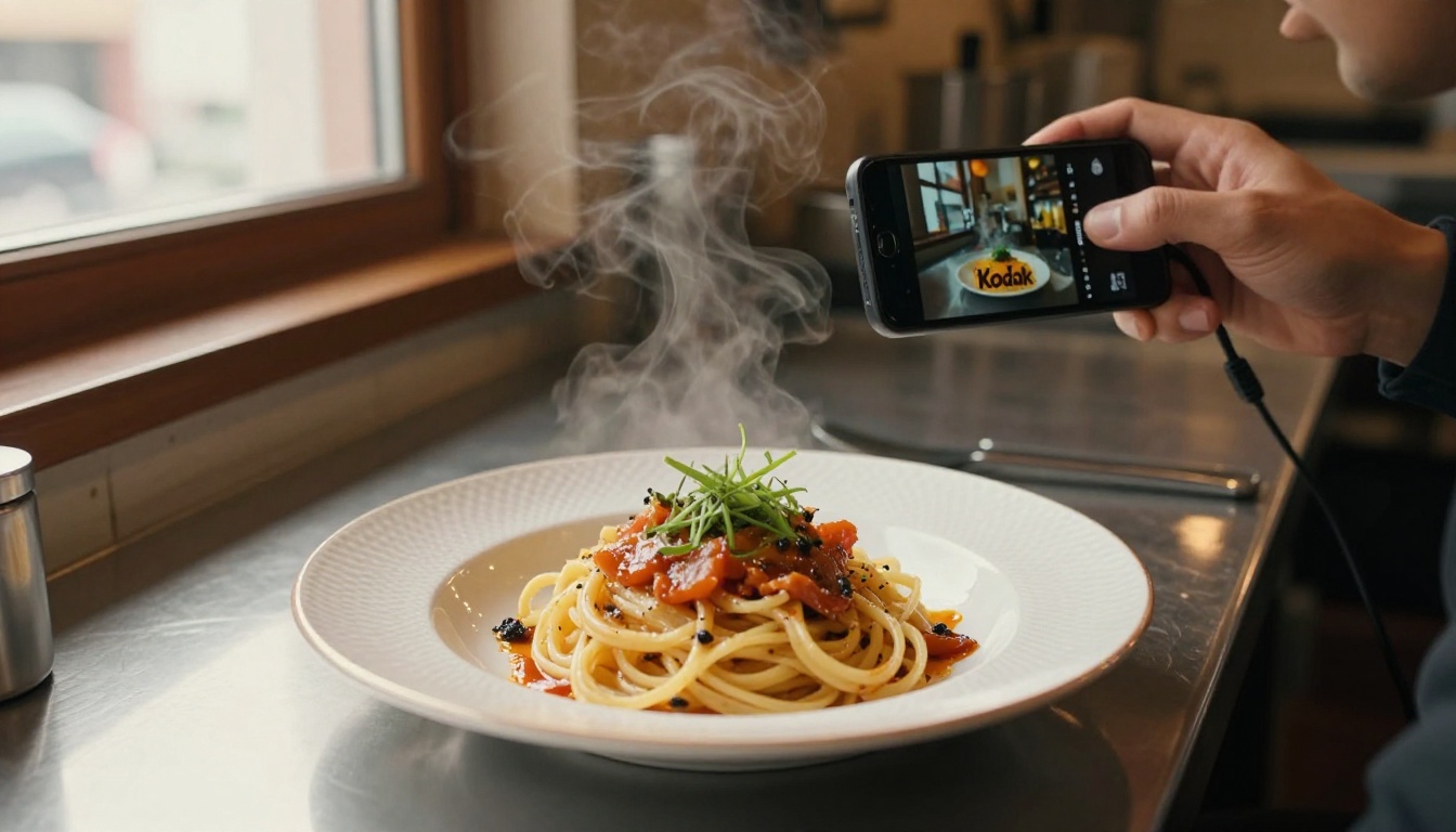 Restaurant owner filming a plated pasta dish with a smartphone on a tripod