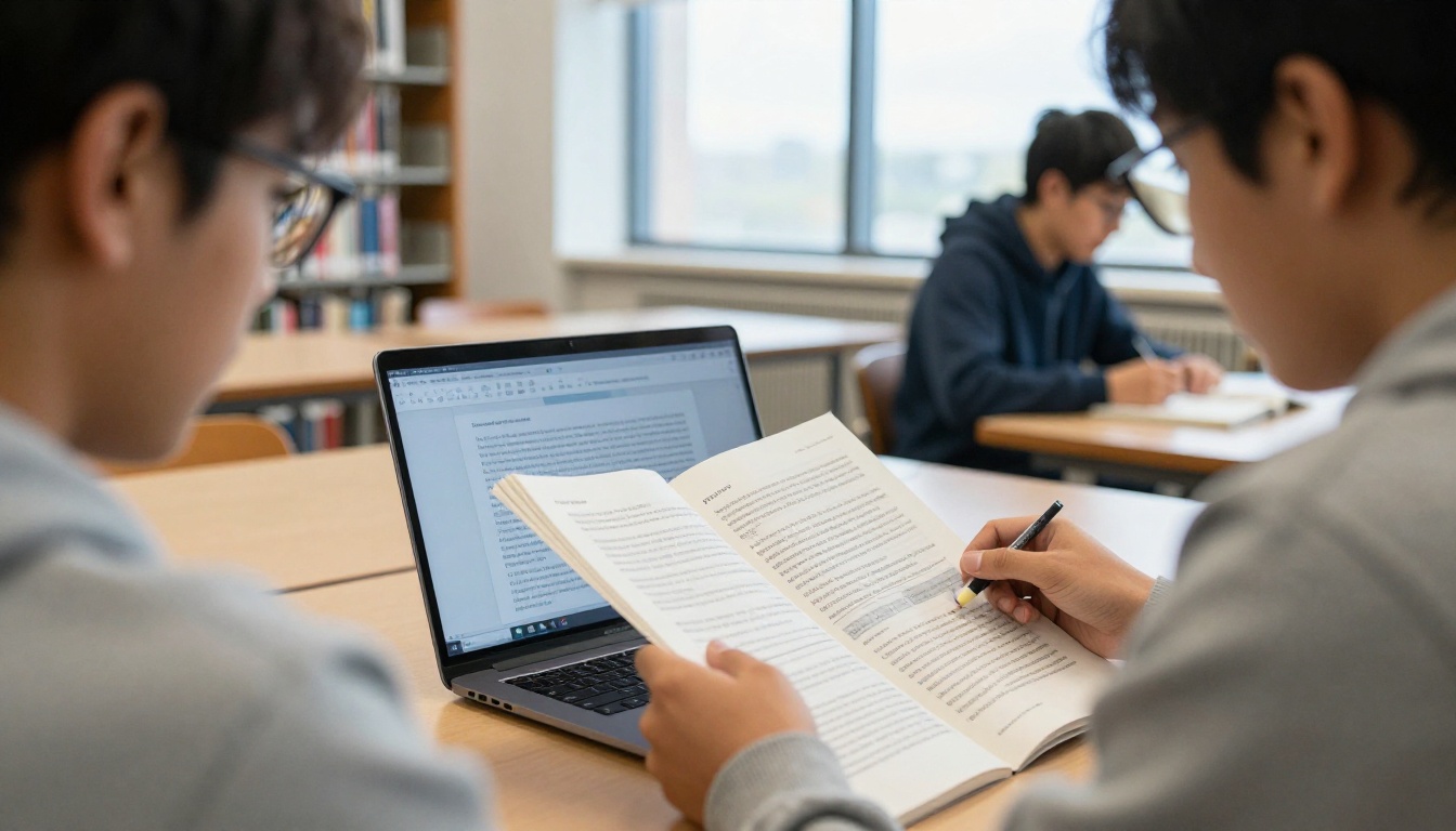 Student studying a digital booklet and a highlighted printed page Student studying a digital booklet and a highlighted printed page