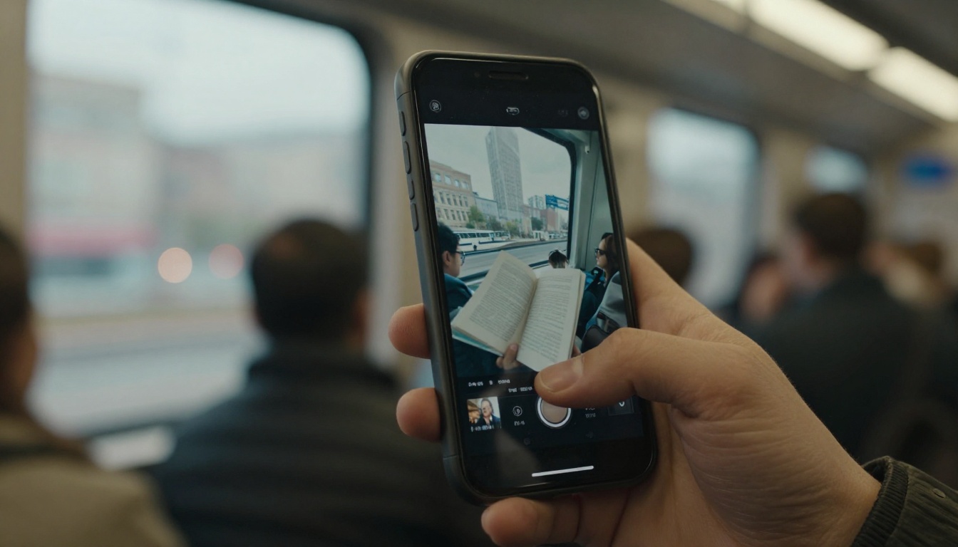 Smartphone on a train showing a mobile flipbook mid page turn Smartphone on a train showing a mobile flipbook mid page turn