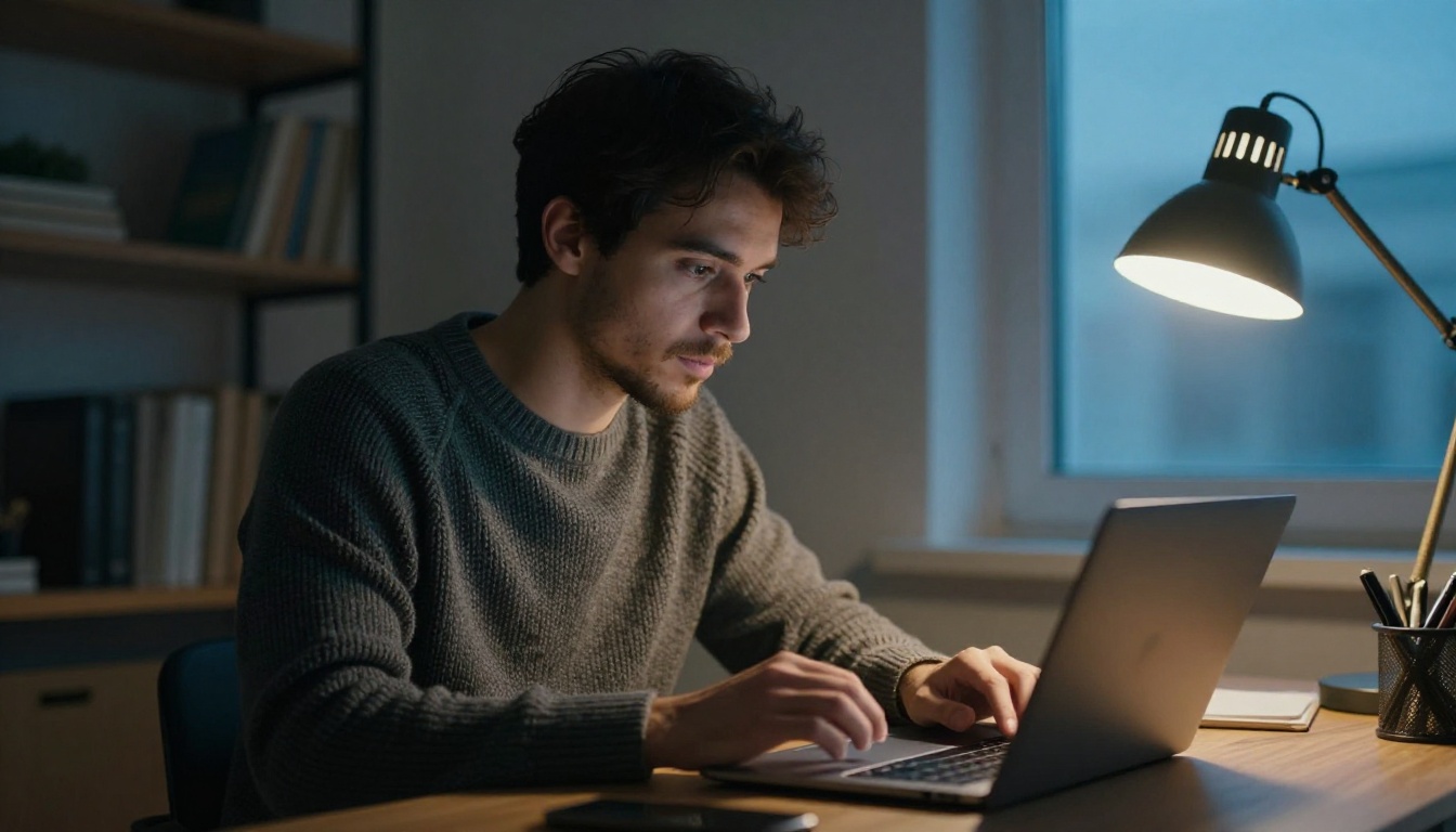 Man reviewing analytics on a laptop in a home office at dusk