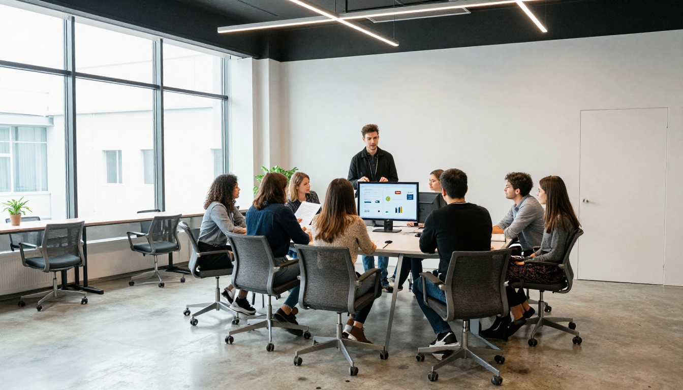 Team reviewing a sales presentation with a printed copy Team reviewing a sales presentation with a printed copy