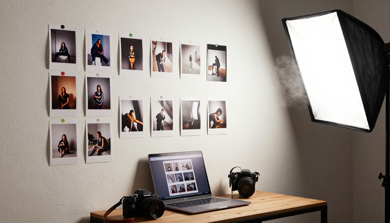 Photographer studio wall with a laptop showing a portfolio flipbook Photographer studio wall with a laptop showing a portfolio flipbook