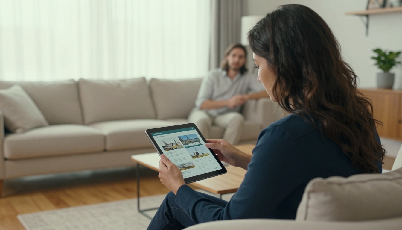 Real estate agent showing a tablet brochure to a couple in a living room