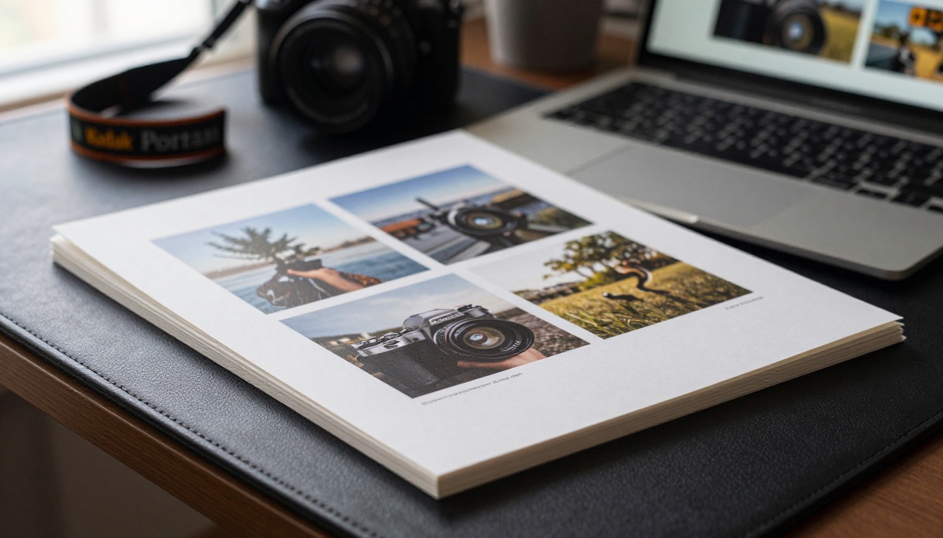 Photographer portfolio printed beside a laptop Photographer portfolio printed beside a laptop