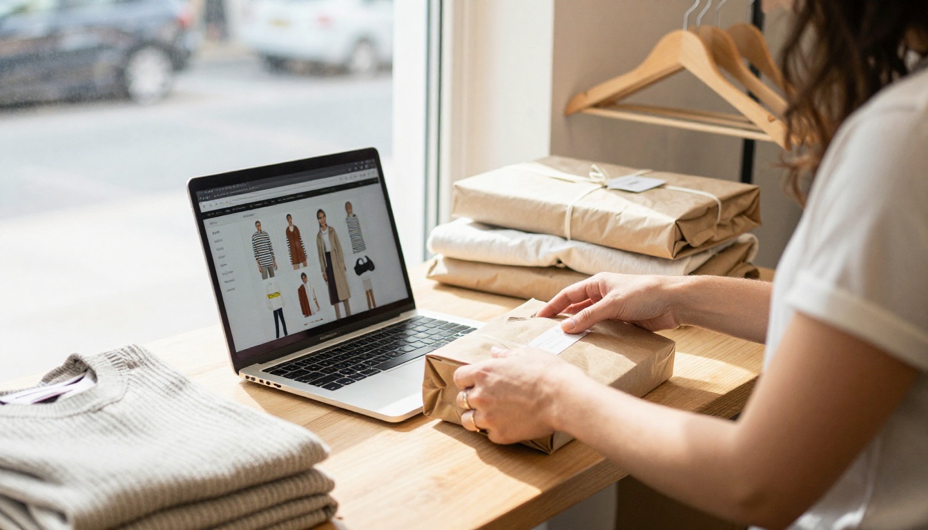 Boutique owner packing an order beside a laptop showing a digital lookbook Boutique owner packing an order beside a laptop showing a digital lookbook