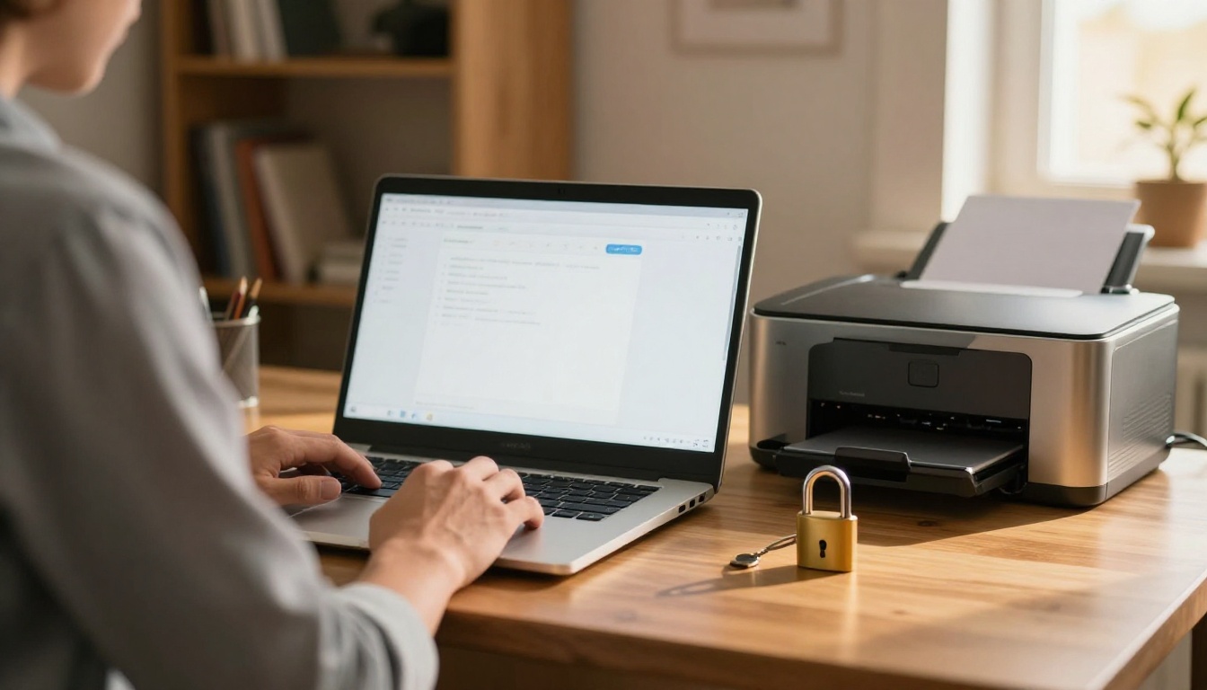Home office with a laptop, padlock keychain and printer Home office with a laptop, padlock keychain and printer