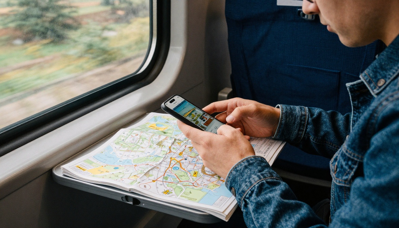 Traveler reading a guide on a train with a paper map Traveler reading a guide on a train with a paper map