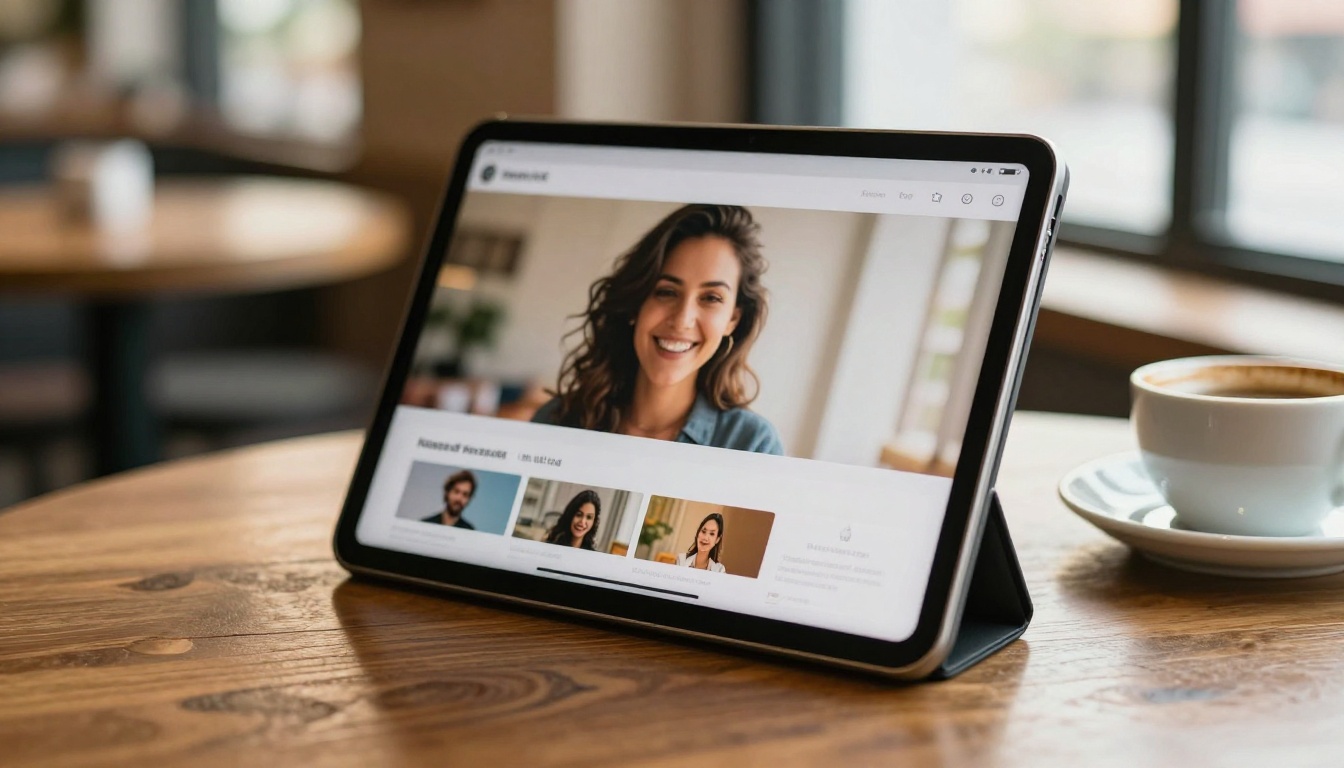 A tablet on a cafe table showing a digital catalog with turning pages