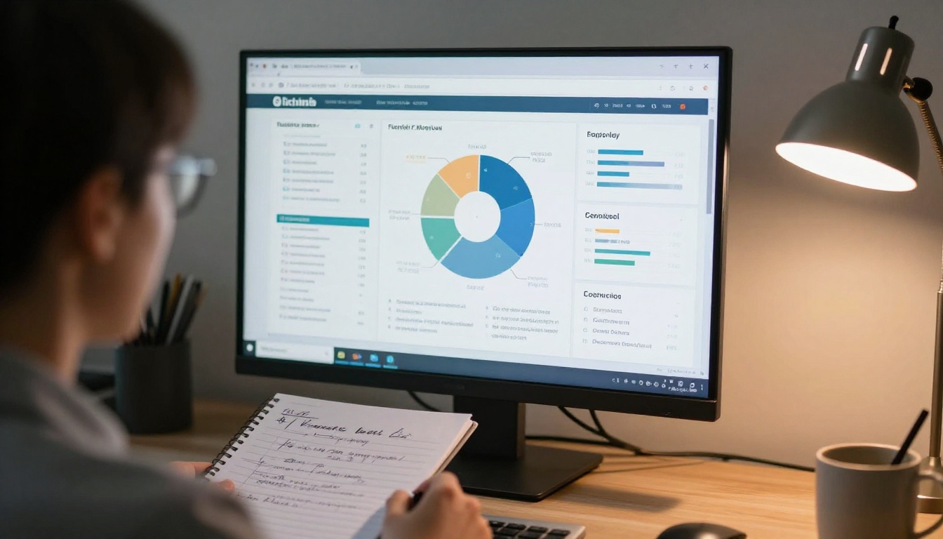 Marketing manager reviewing analytics next to a printed report Marketing manager reviewing analytics next to a printed report