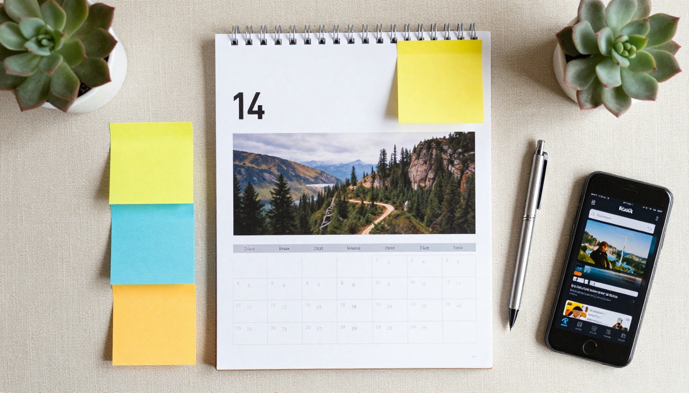 Aerial view of a desk with a printed campaign calendar and notes