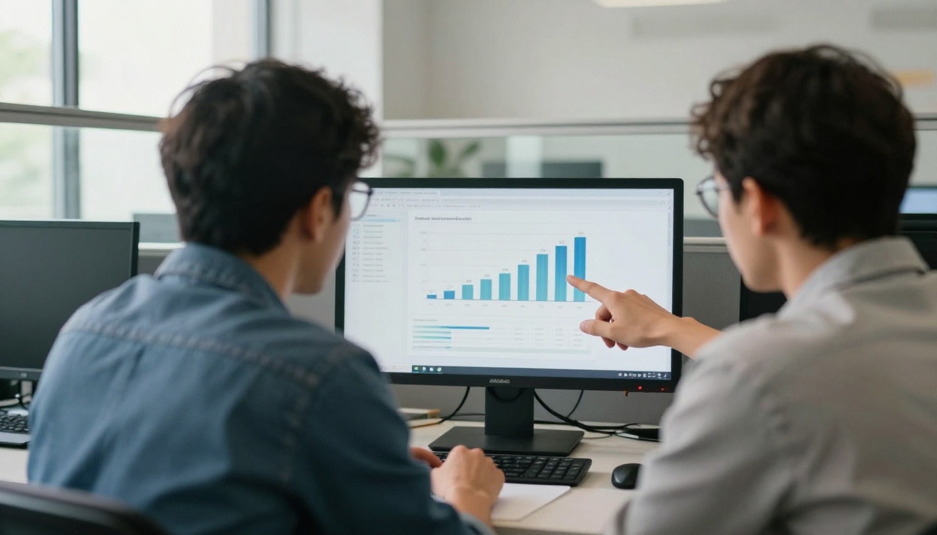 Two colleagues pointing at a monitor displaying a traffic sources chart