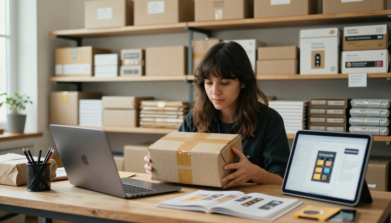 An online store owner packing a parcel next to a laptop and a product lookbook