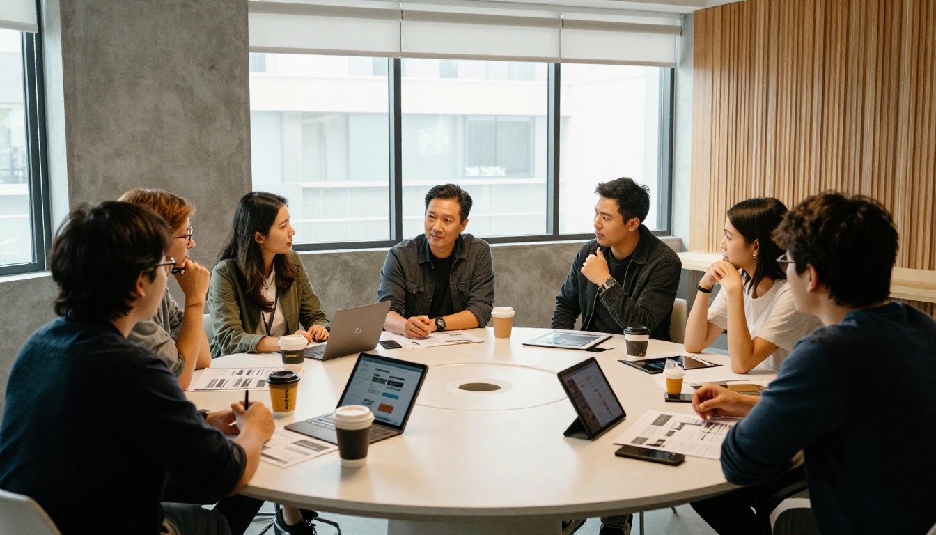 A team gathered around a round table with printed reports and tablets