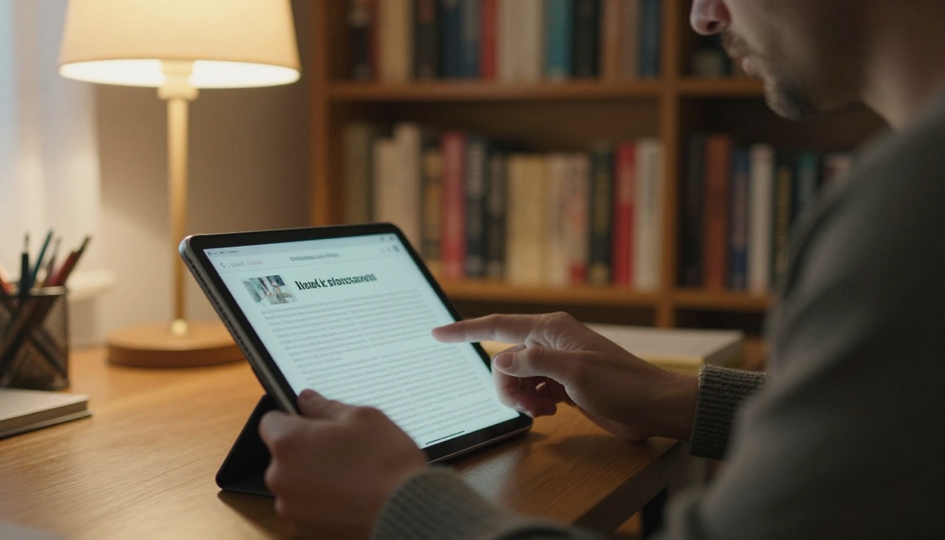A man reading a digital magazine on a large tablet in a home office