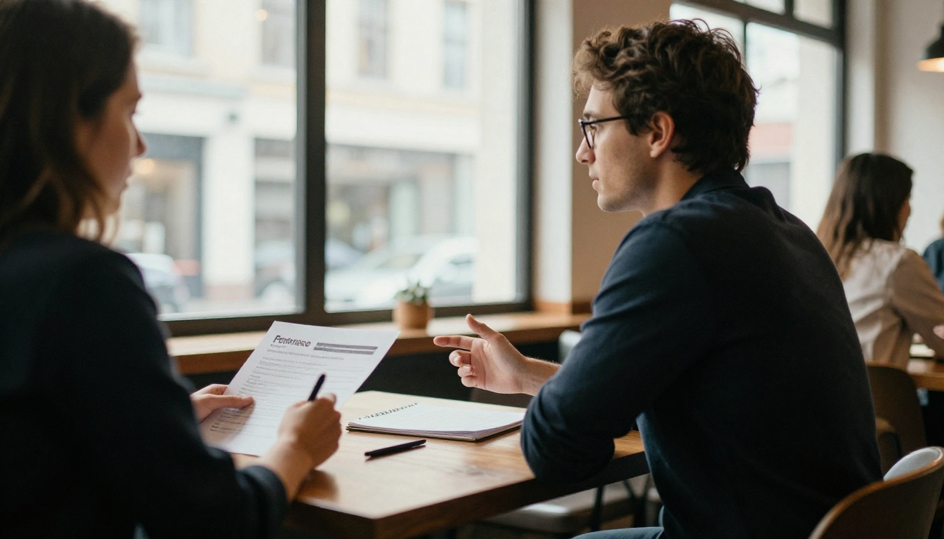 A consultant presenting a printed performance summary to a client at a cafe table