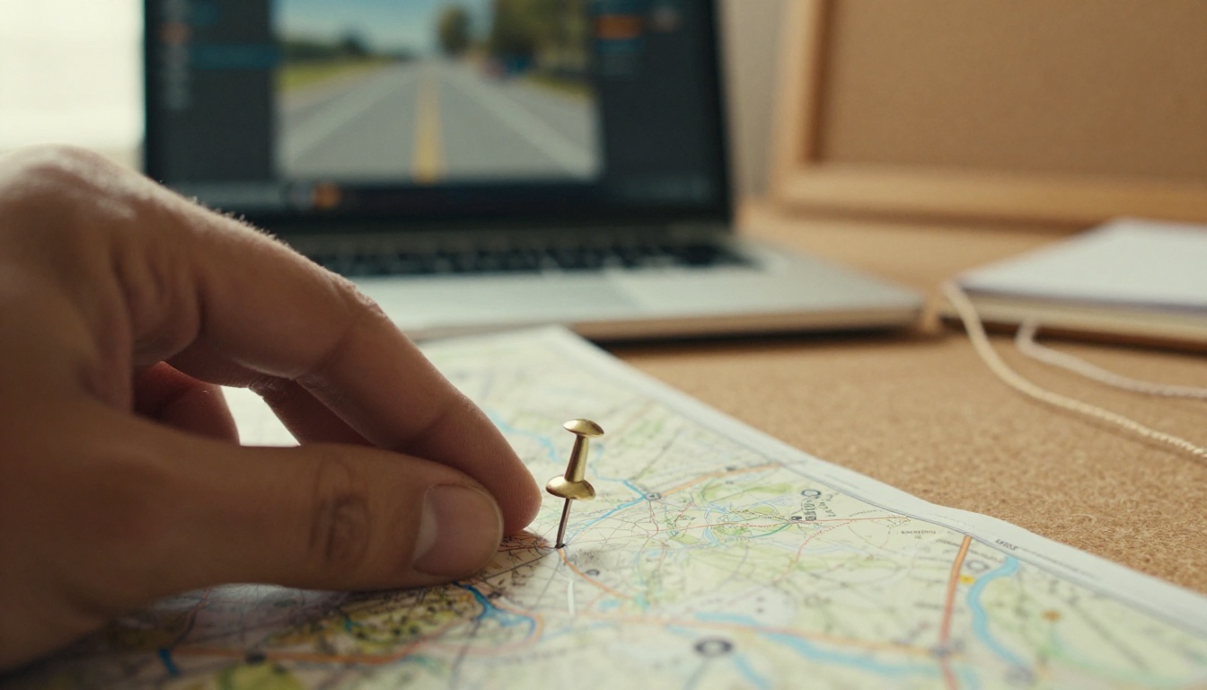 A hand placing a pin on a paper map beside a laptop showing a dashboard