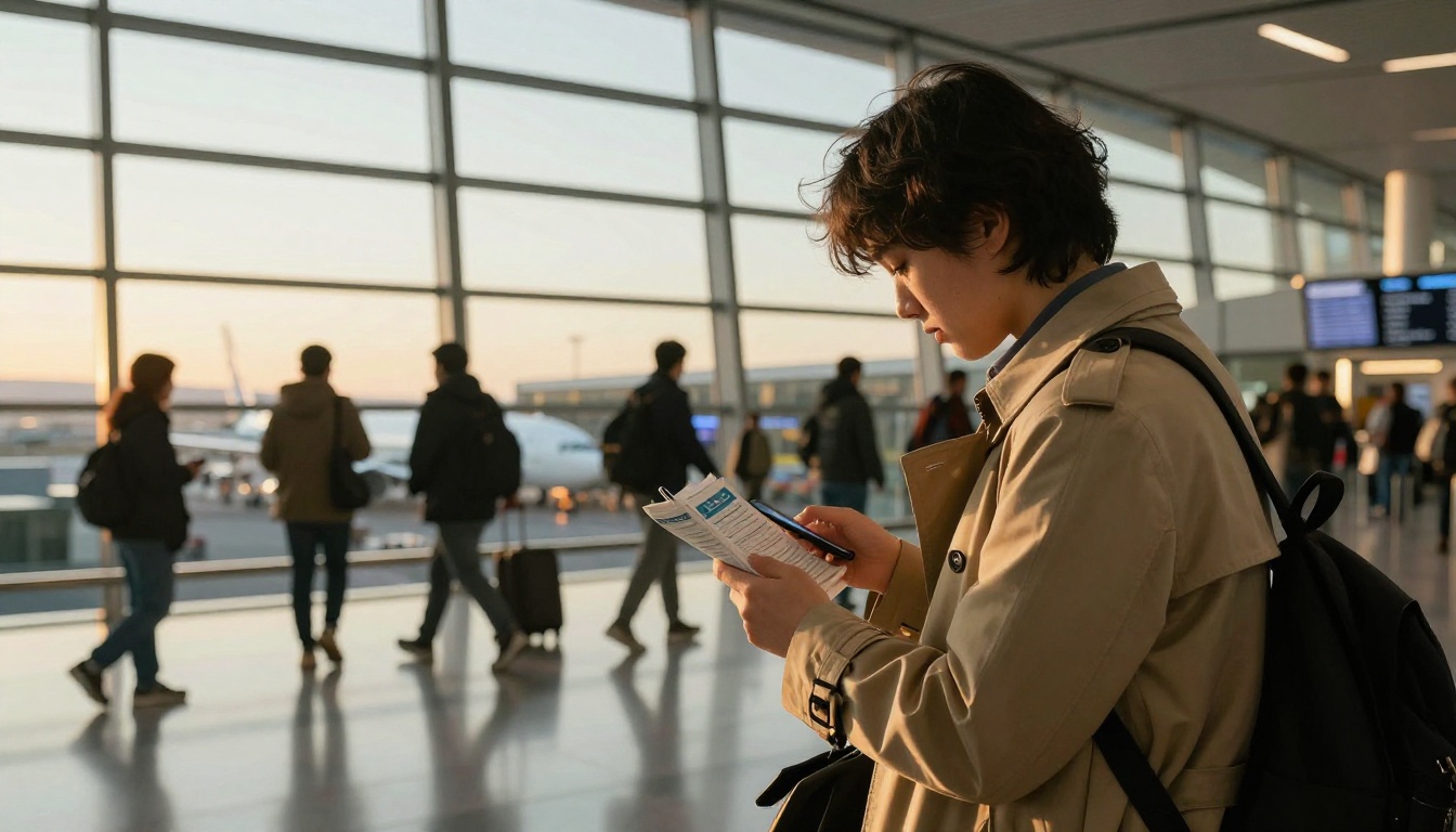 Traveller reading a digital publication on a smartphone in an international airport