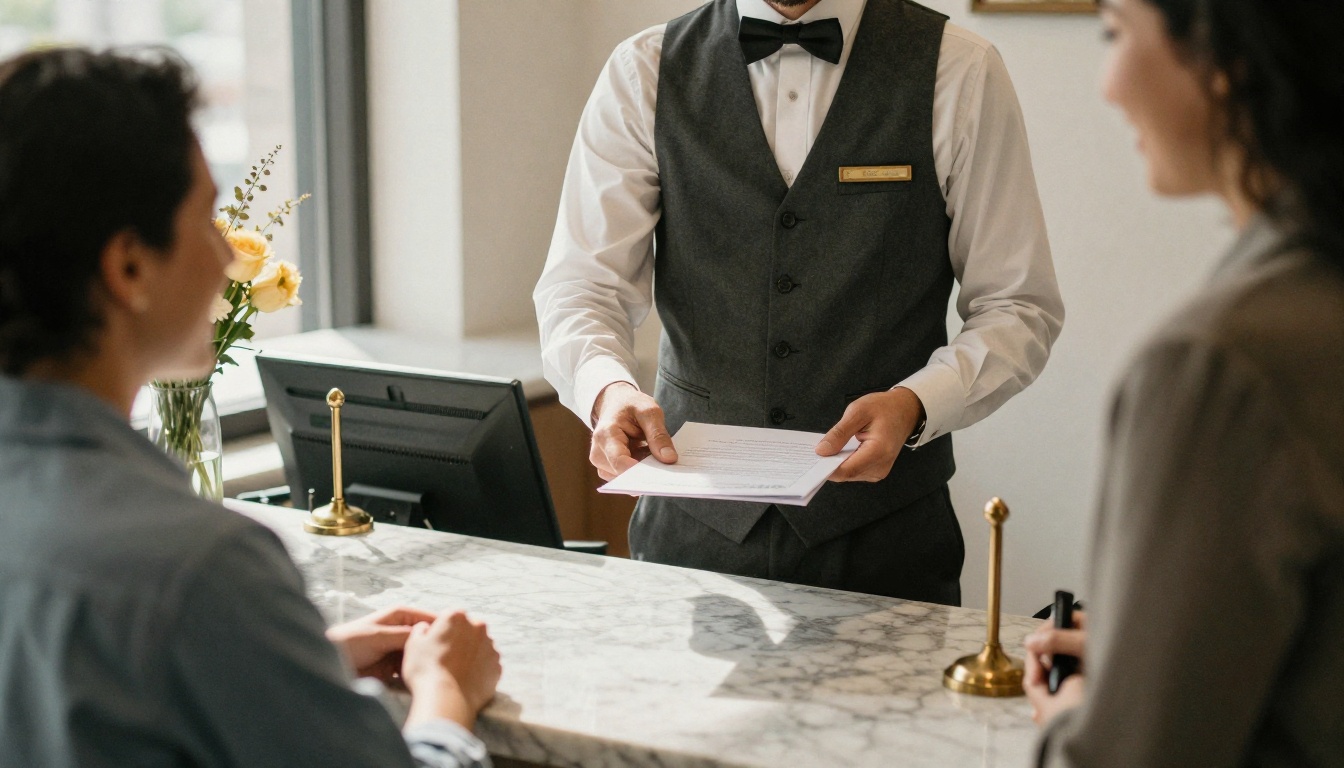 Hotel concierge handing a printed welcome folder to a smiling couple at a reception desk