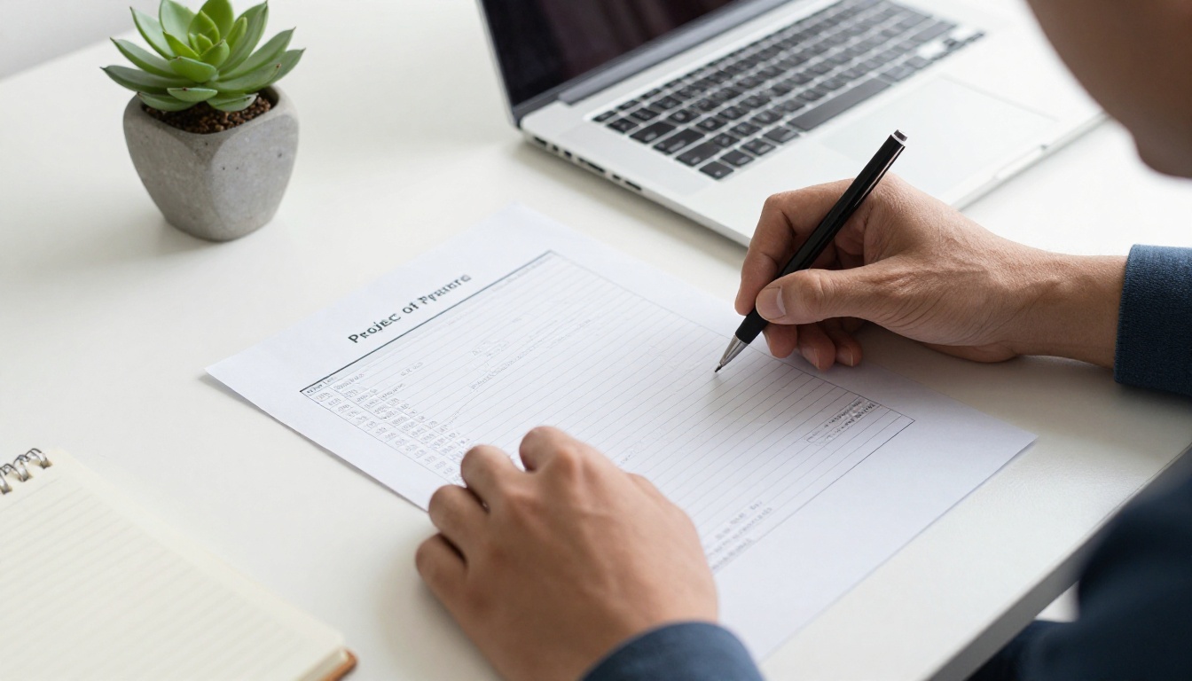 Project manager's hands tracing a printed cost spreadsheet beside a laptop