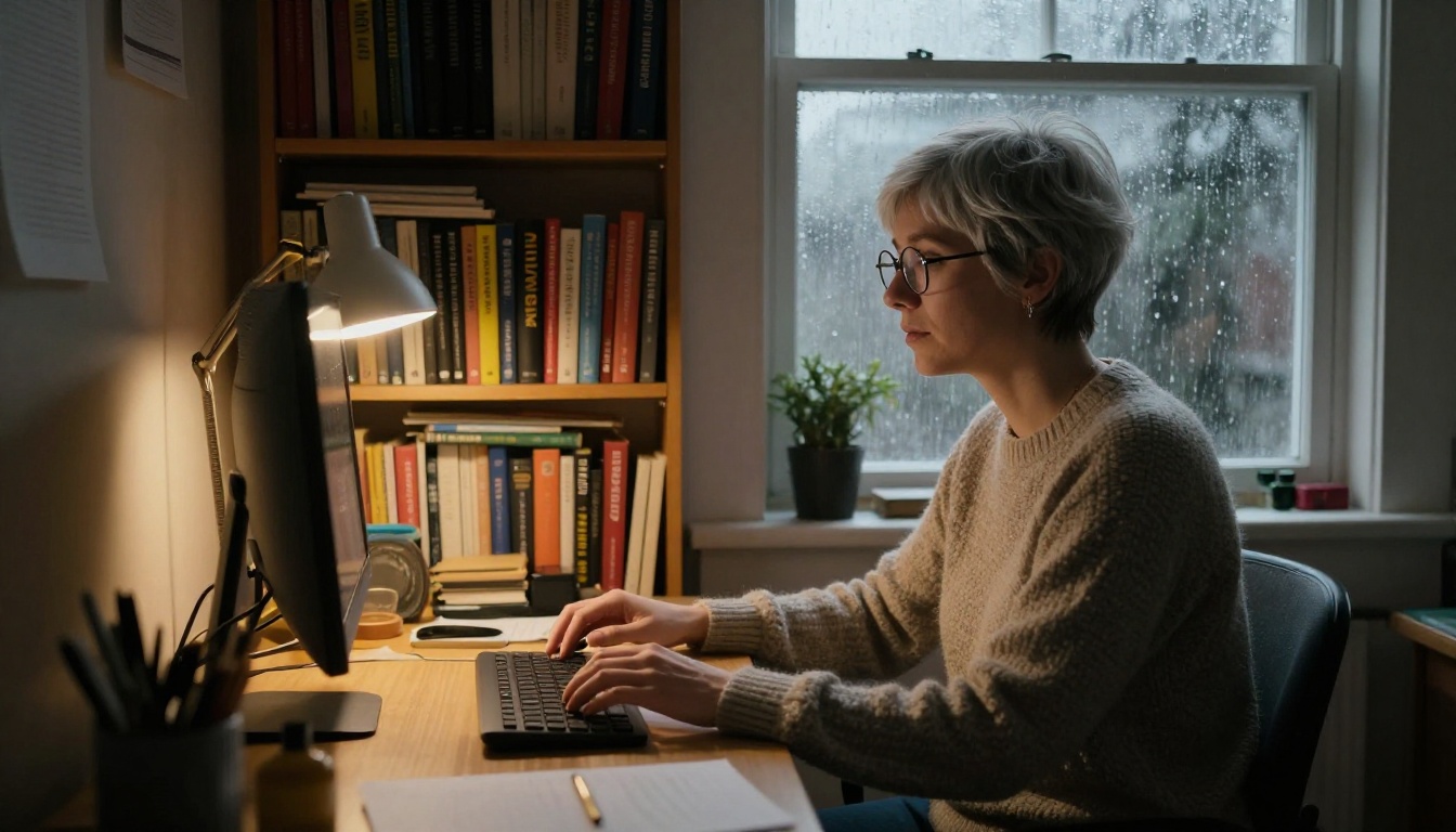 Translator with silver hair working at a desk beside a rainy window
