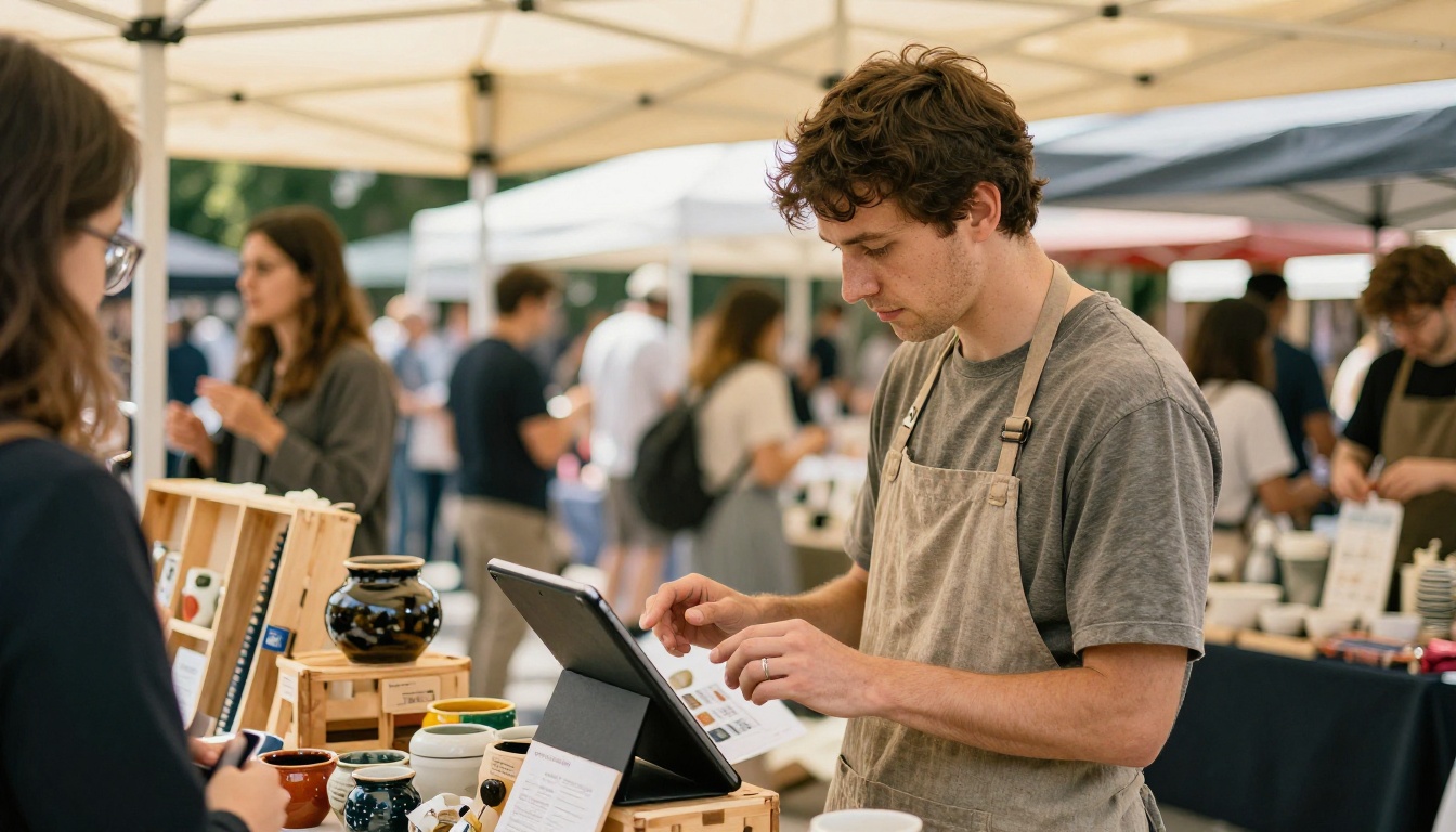 Market stall owner showing a customer a product catalog on a tablet