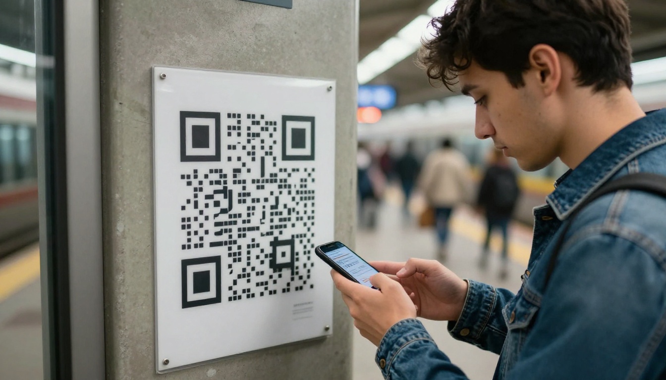 Young man scanning a QR code on a poster in a train station