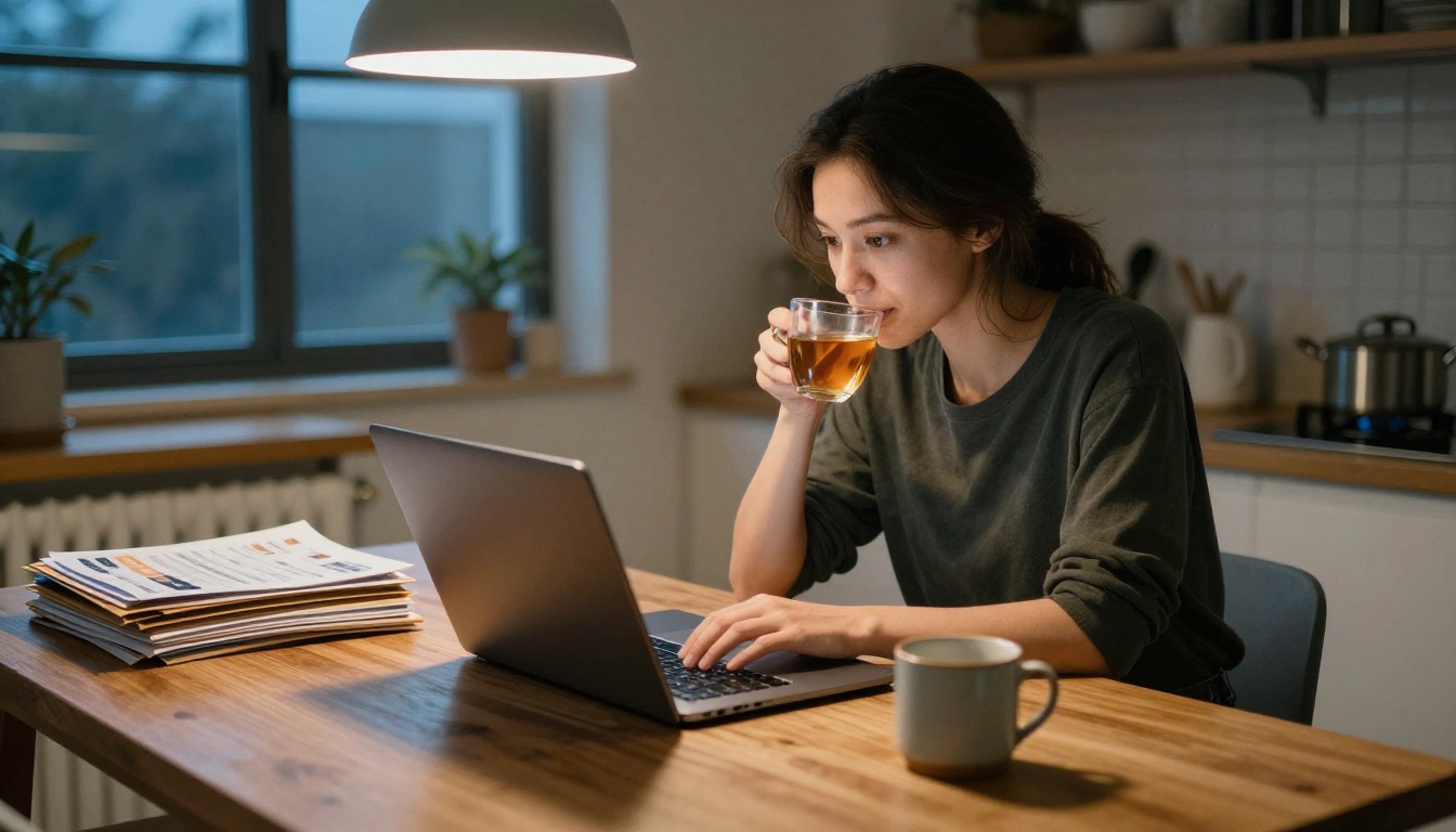 Small business owner at a kitchen table with a laptop and printed flyers at dusk