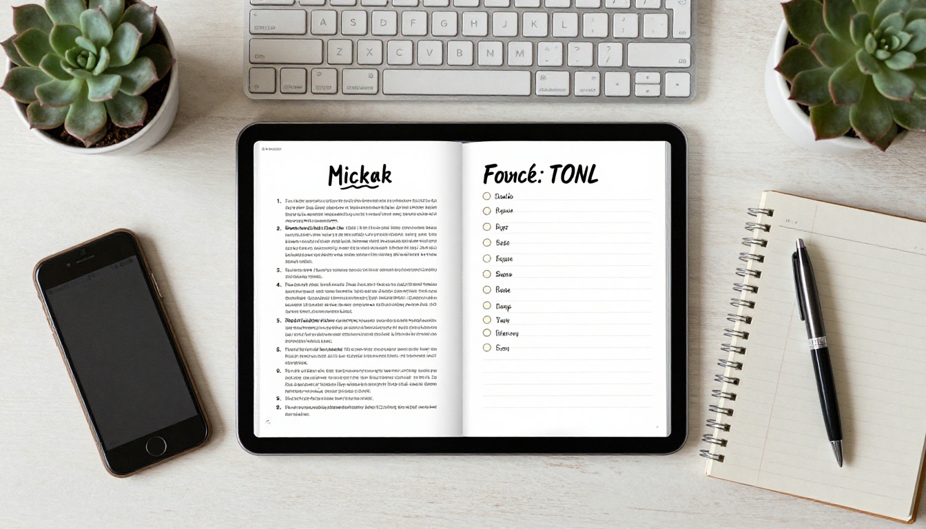 Tablet showing a page-flipping digital brochure on a tidy desk, seen from above Tablet showing a page-flipping digital brochure on a tidy desk, seen from above