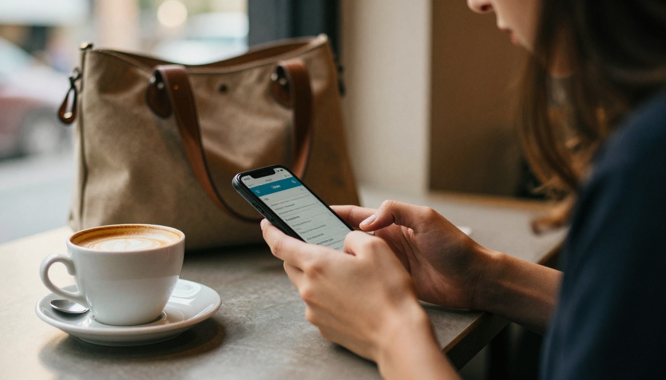 Woman typing her email into a contact form on a smartphone at a cafe table Woman typing her email into a contact form on a smartphone at a cafe table