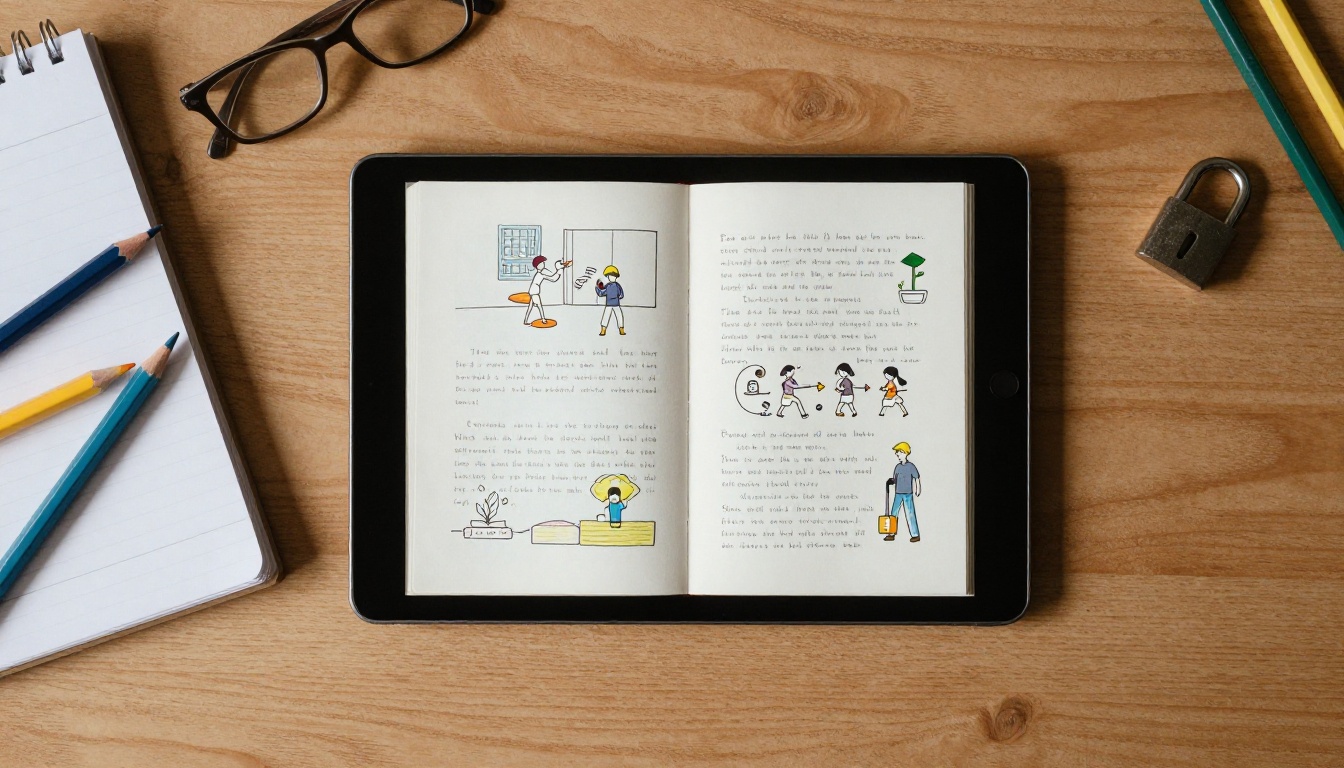 A tablet showing an open flipbook beside a sketchbook and a small padlock