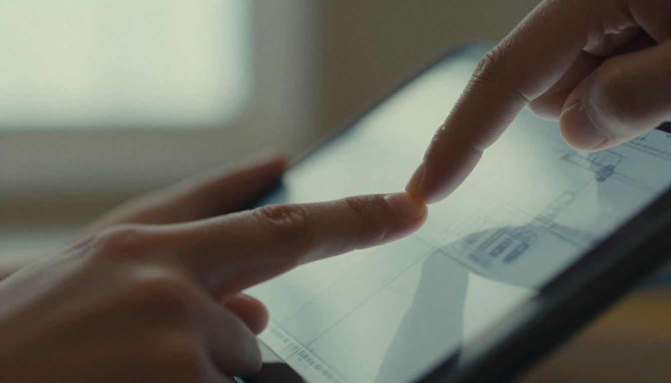 Hands holding a tablet with a digital flipbook mid page turn Hands holding a tablet with a digital flipbook mid page turn