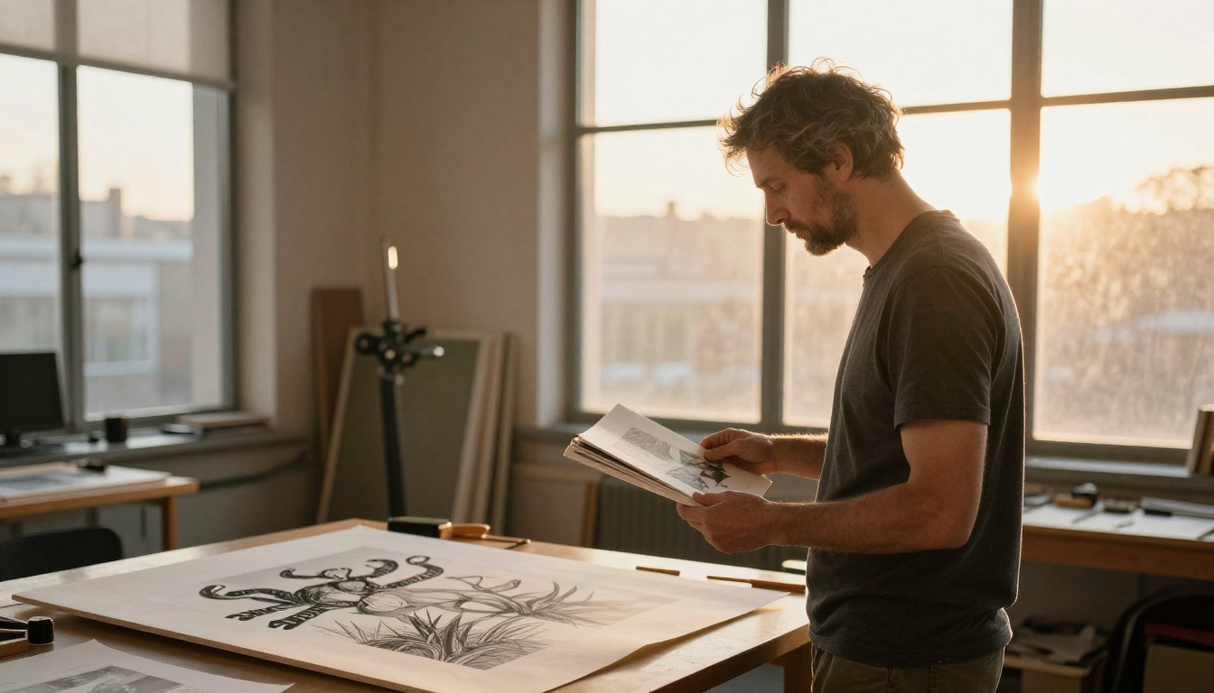 An illustrator holding a printed art book in a bright studio