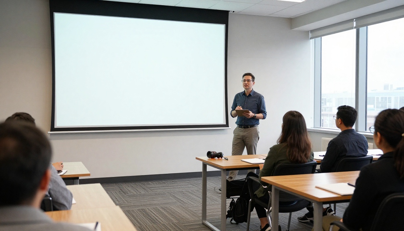 Consultant presenting to a small group in a bright seminar room Consultant presenting to a small group in a bright seminar room